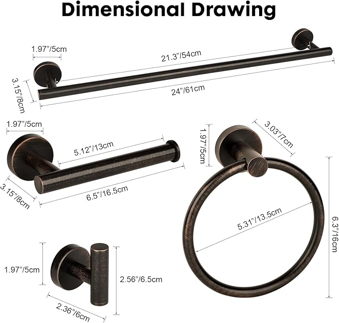Oil Rubbed Bronze Bathroom Hardware Accessories Set 5 Piece, Stainless Steel Towel Bar Set 24 Inch,Toilet Paper Holder,Towel Ring Holder,Towel Rack Set,Brushed Bronze Bathroom Accessories Kit