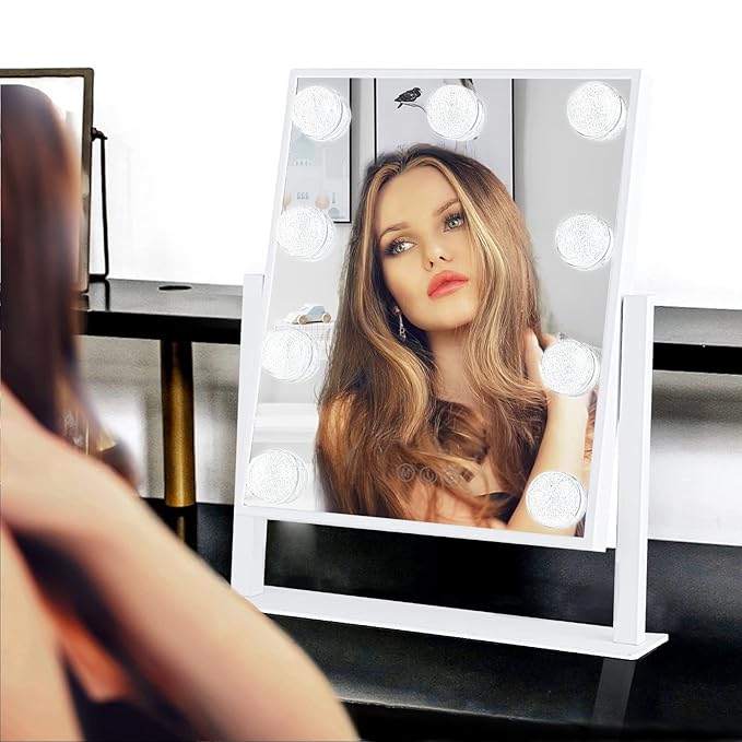 BWLLNI Vanity Mirror with Lights, Hollywood Lighted Makeup Mirror with 3 Color Modes and 9 Dimmable Diamond LED Light Bulbs, Detachable 10X Magnification, 360° Rotation, Touch Control, White
