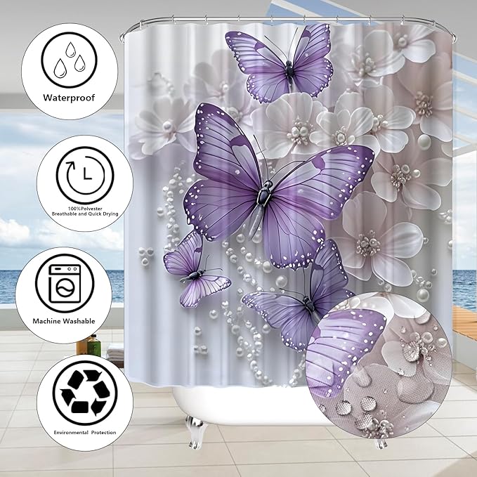 ZLQQ 4Pcs Butterfly Shower Curtain Sets with Rugs Butterfly Pearl Bathroom Set with Non-Slip Rugs Toilet Lid Cover and Bath Mat Vintage Shower Curtain with 12 Hooks, Durable Bathroom Decor Set