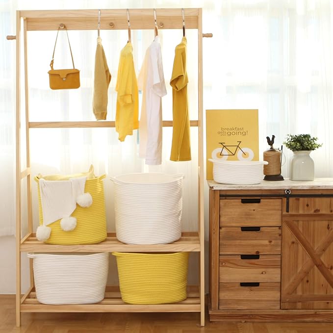 Sea Team Medium Size Cotton Rope Woven Storage Basket with Handles, Laundry Hamper, Trunk Organizer, Clothes Toys Bin for Kid's Room, 14 x 14 inches, Round Open Design, Yellow