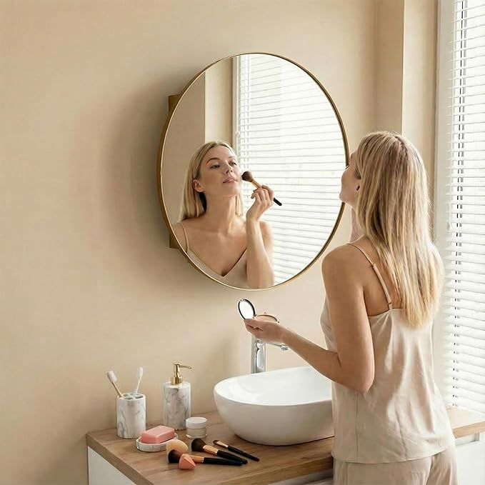 Medicine Cabinet Mirror, Wall Mounted Bathroom Vanity with Mirror, 23.2" Round Bathroom Medicine Cabinet with Storage Function, Removable Shelves, Metal, NO Assembly, Gold