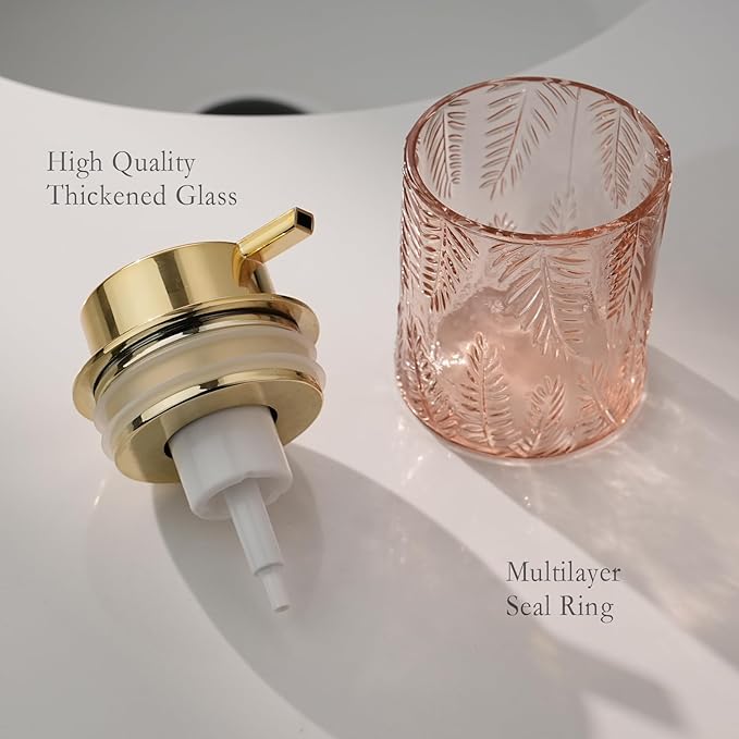 CICUFY Glass Foam Soap Dispenser for Kitchen & Bathroom - Refillable Lotion Dispenser with Large Gold Pump (Leaf Pattern-Pink)