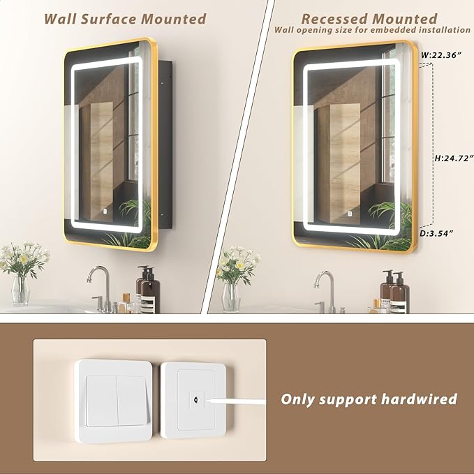 LOVMOR Led Medicine Cabinet with Mirror, Bathroom Vanity Mirror Cabinet with Shelves, 3-Color Lights Dimmer, Gold 30" H x 24" W