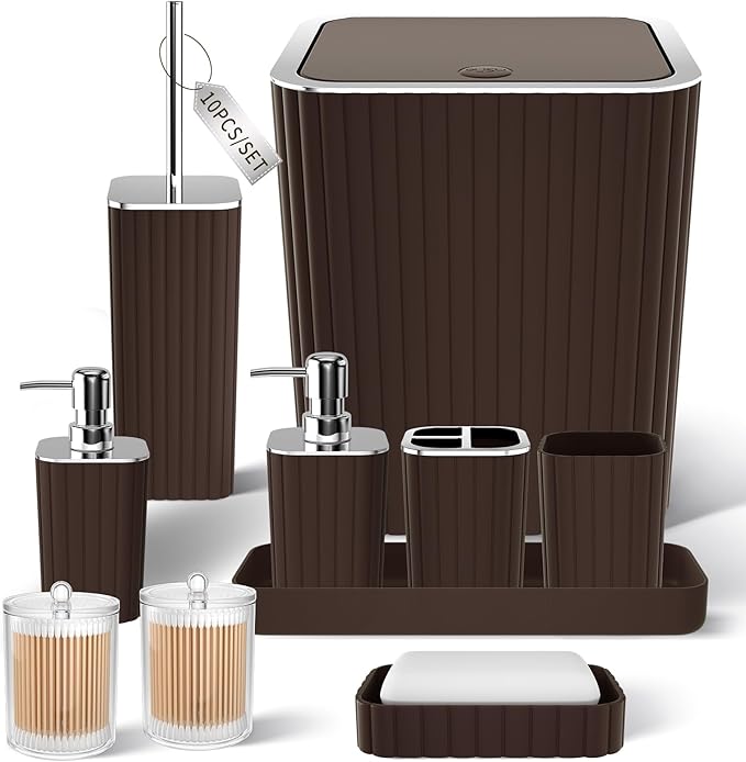 XLHOMO Bathroom Accessories Set - Gorgeous Bathroom Set, 10PC Brown Bathroom Accessories, Bathroom Accessory Set, Toilet Brush, Trash Can, Qtip Holder Dispenser & Soap Dispenser