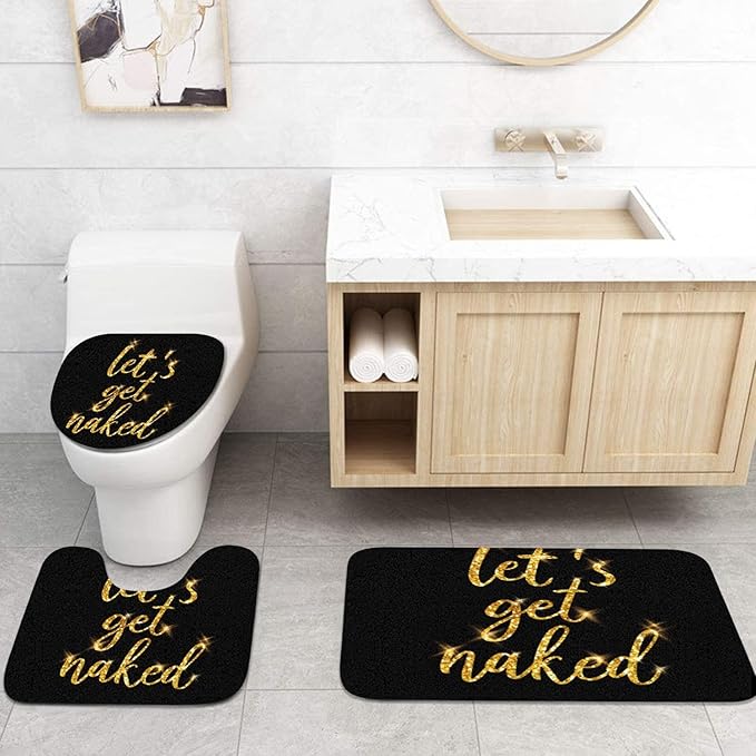 ArtSocket 4PC Gold Let's Get Naked Shower Curtain Sets Yellow and Black Bathroom Decor with Rugs, Non-Slip Rug,Toilet Lid Cover, Bath Mat and 12 Hooks 72x72 inches