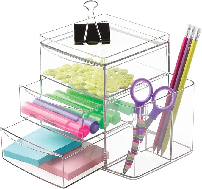 iDesign Clarity Cosmetic Organizer for Vanity Cabinet to Hold Makeup, Brushes, Beauty Products - 3 Drawers and Caddy, Clear