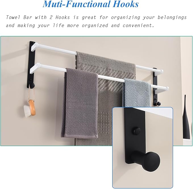 Double Towel Bar with Hooks for Bathroom Wall - 30" Double Layer Stainless Steel Towel Holder Rack, Heavy Duty Long Towel Hanger, White & Black