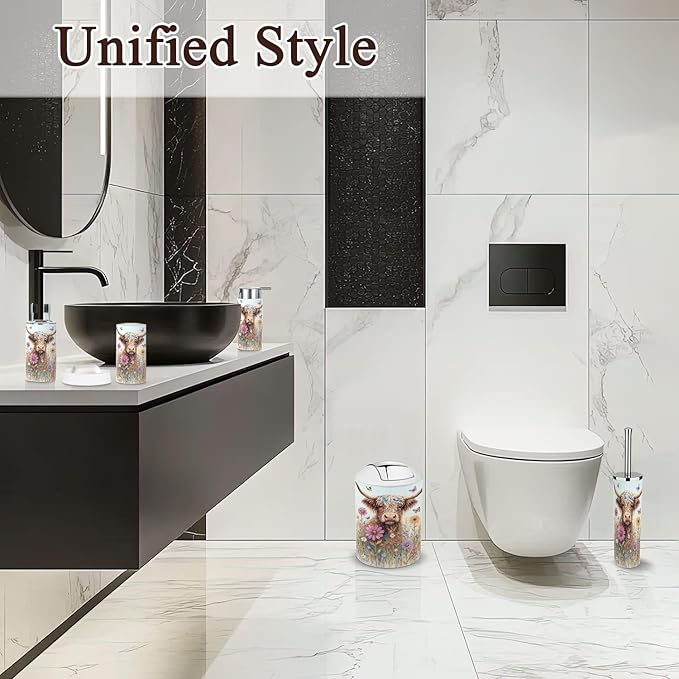 6 Piece Bathroom Accessories Set Highland Cow Rustic Farmhouse Animal Nature Flower Landscape Abstract Trash can Toilet Brush Holder Toothbrush Holder Toothbrush Cup Soap Dispenser Soap Dish Boho
