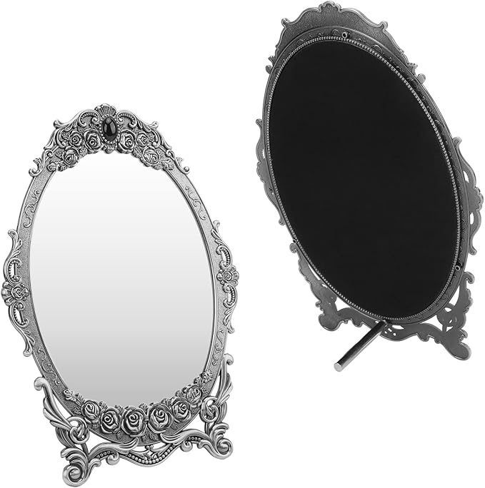 TOPINCN Vintage Oval Floral Embossed Retro Desktop Makeup Mirror with Stand, Clear Image, Zinc Alloy Frame, Wall Mount, Antique Pewter Mirror, 1 Count
