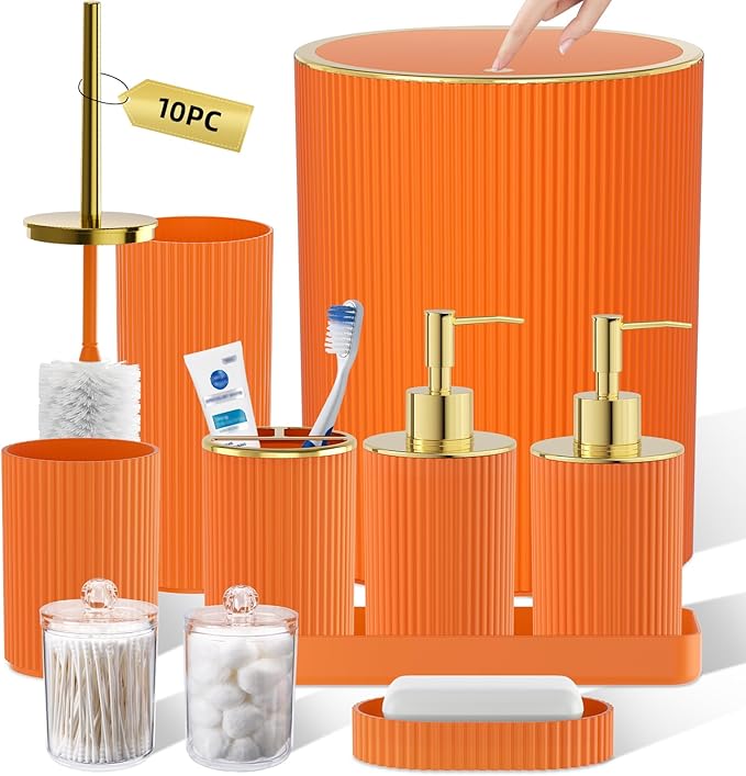 Orange Bathroom Accessories Set, 10PC Bathroom Set, Bath Accessory with Pop Up Trash Can, Soap Dispenser, Toilet Brush, Toothbrush Set Qtip Holders & Tray
