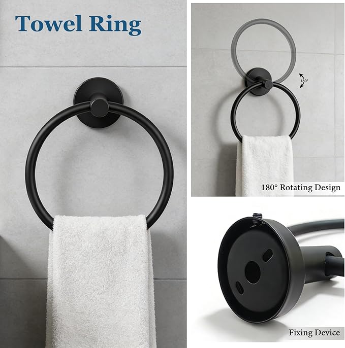 4-Pieces Wall Mount Bathroom Accessories Bathroom Hardware Set,23.6 Inch Stainless Steel Waterproof Towel Bars,Toilet Paper Holder with Shelf,Towel Ring,Coat Hook,Matte Black
