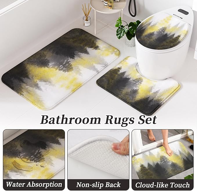 Gray and Gold Bathroom Accessories, Bathroom Sets with Shower Curtain and Rugs, Bath Rugs Accessory Set with Bathroom Trash Can, Soap Dispenser, Soap Dish for Home Decor
