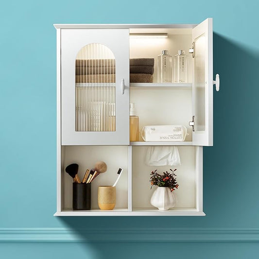 VANIRROR Bathroom Wall Cabinet with Lighting & Tissue Hole, Wall Mounted Glass Door Medicine Cabinet Over Toilet Storage for Laundry Room Kitchen
