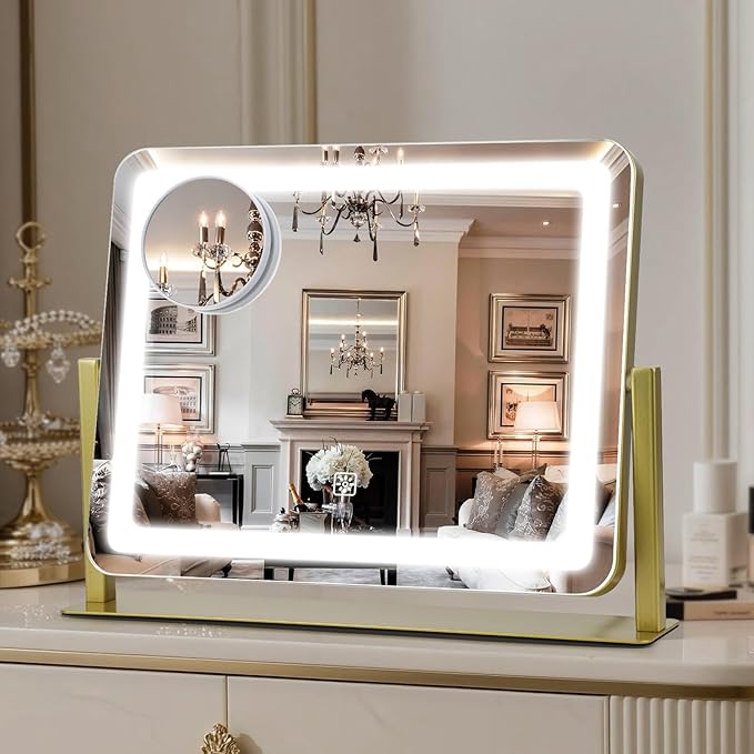 Vanity Mirror with Lights, 16"×12.4" LED Makeup Mirror, Rounded Frame, 10X Magnification, Smart Touch with 3-Color Lighting, Dimmable, 360° Rotation, Lighted Up for Makeup Desk, Bedroom (Gold)