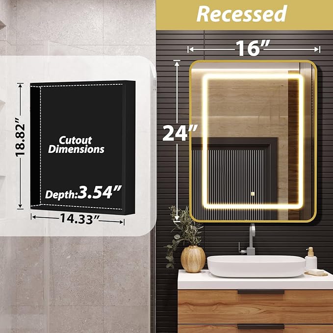 ROOMTEC Lighted Medicine Cabinet with Mirror, Wall Mounted Bathroom Mirror with Storage, Single Doors Bathroom Wall Cabinet with LED Lights,Gold,16"x24"