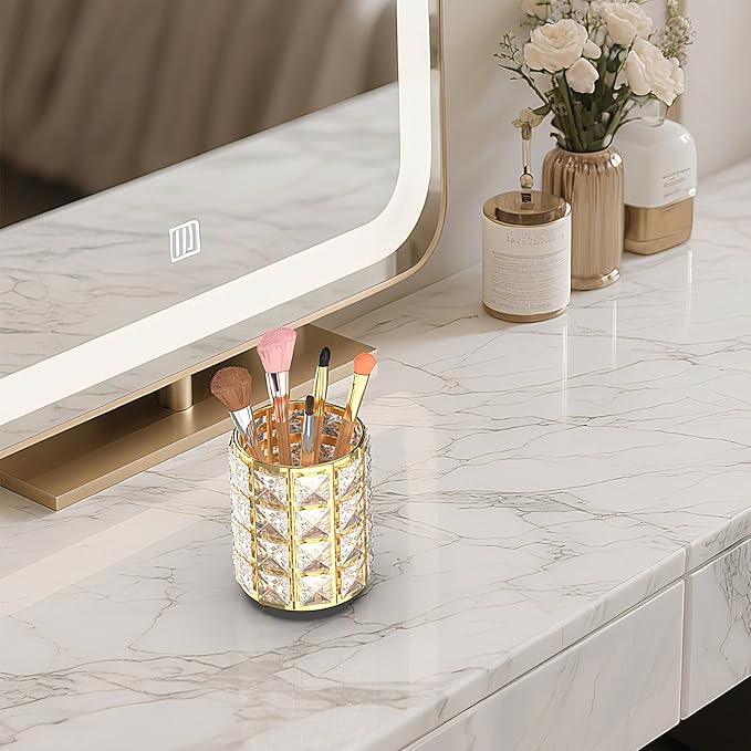 LUGUNU Makeup Brush Holder with Golden Crystal Bling ?€? Elegant Vanity Organizer for Brushes, Pens & Pencils, Ideal for Bathroom or Office Countertop(2Pack)