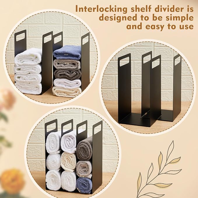 LEIFIDE Set of 4 Interlocking Towel Organizer Metal Bathroom Towel Storage Rack Shelf Dividers Organizers for Closet Home Space Saving (Black)