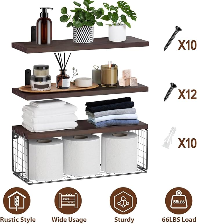2 in 1 Floating Shelves with Storage Basket, Sturdy Paulownia Wood Wall Shelves for Bathroom Living Room