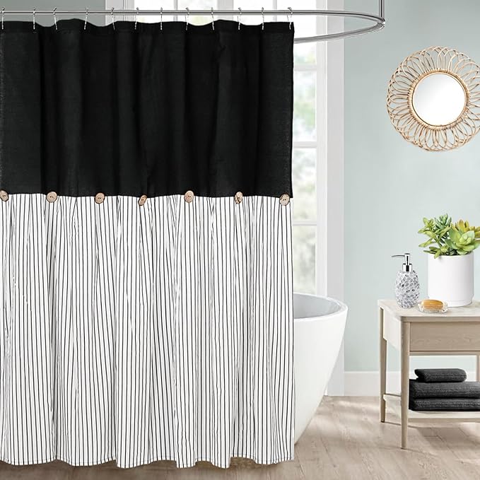 Farmhouse Black Shower Curtain, Beige and Black Stripe, Button Curtain, Linen and Cotton Woven Fabric, Rustic Charm Country Chic Style, 72x72 in