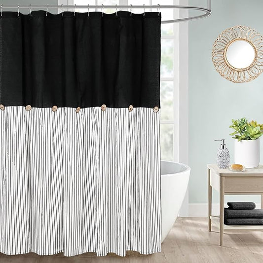 DOSLY Ides Farmhouse Black Shower Curtain, Beige and Black Stripe, Button Curtain, Linen and Cotton Woven Fabric, Rustic Charm Country Chic Style, 72x84in, for Bathroom