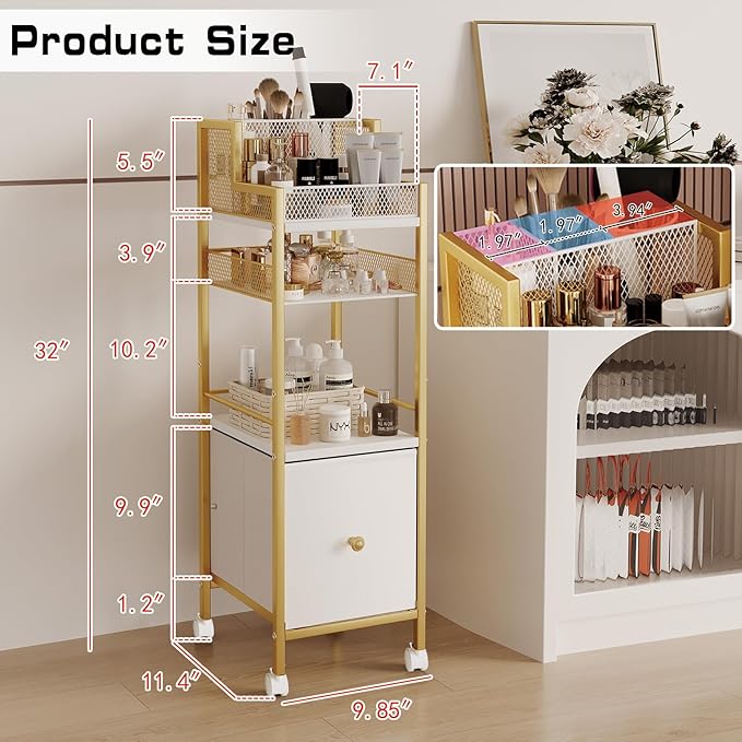 Makeup Organizer Storage Cart with Drawers, Large Floor Makeup Skincare Organizers, Rolling Makeup Cart Vanity Organizer Cosmetics Display Cases Holder for Nail Polish Brush Hair Tool（Gold）