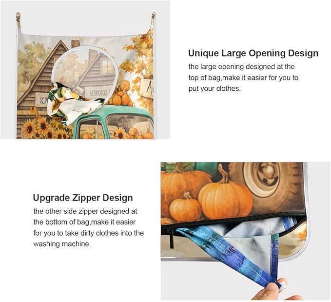 Thanksgiving Truck Pumpkin Orange Hanging Laundry Hamper Door Hampers Bag Basket with Stainless Steel Hooks Oxford Fabric Printing Decorative Clothes Bags 29.5X20inch 1Pack
