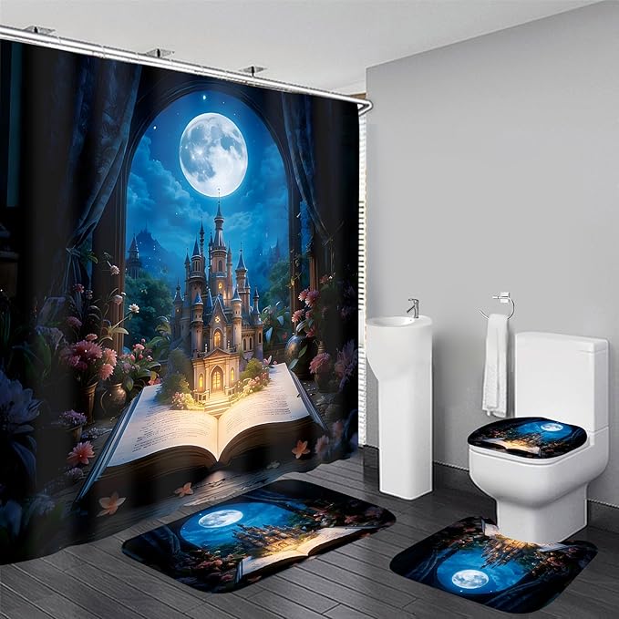 Yizheer Luxury 4Pcs Book Flower Castle Shower Curtain Set, Moon Pattern Castle Waterproof Bathroom Decor Kit (Shower Curtain + Bath Rugs + Toilet Lid Cover + Hooks), Elegant Curtain for Bathroom