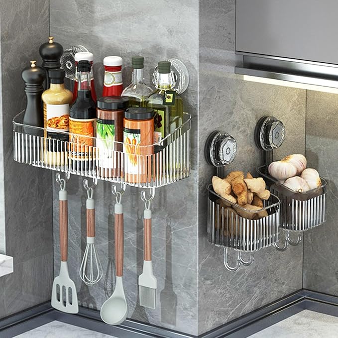Powerful Suction Cup Bathroom Shelf Wall Mounted Rack Storage Basket Convenient Makeup Tool Stand