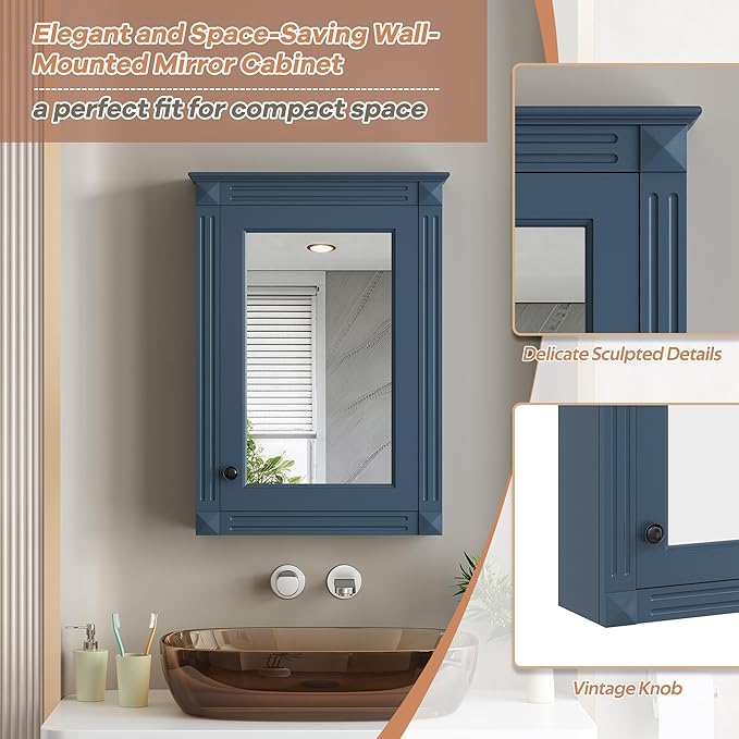 Merax Bathroom Medicine Cabinet with Mirror Door & Adjustable Shelves, 20" x 28" Wall Mounted Bathroom Storage Cabinet with Mirror, Over the Toilet