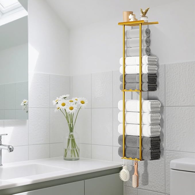 Towel Racks for Bathroom, 36.6 inch Metal Towel Storage, 8 Large Bath Towels Capacity, 3-Tier Towel Holder for Bathroom, with Shelf & 6 Hooks, Wall Mounted Towel Rack for Rolled Towels, Gold