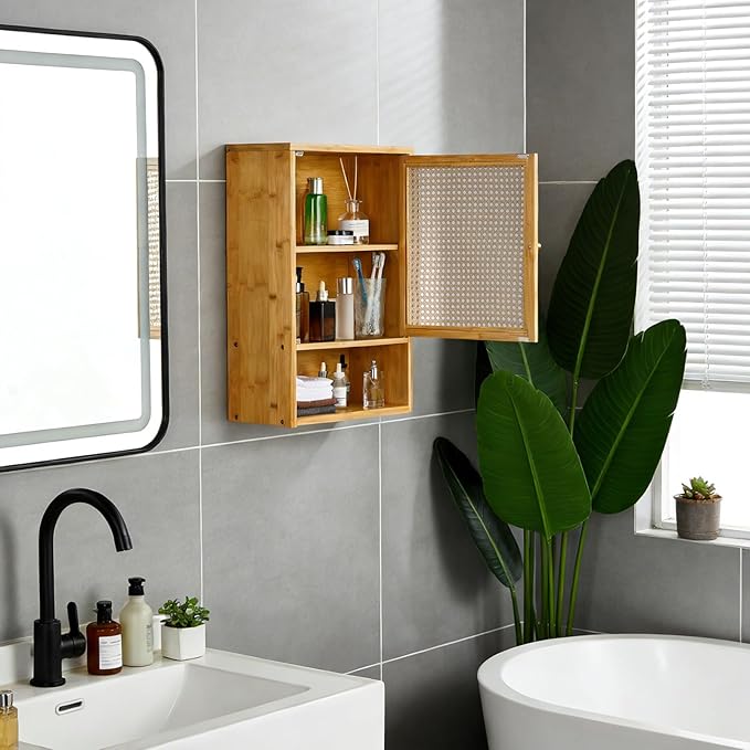 Bathroom Wall Cabinet, Bamboo Medicine Cabinet with Rattan Doors, Adjustable Shelf, Wall Mounted Storage Cabinet for Bathroom, Kitchen, Laundry Room Natural