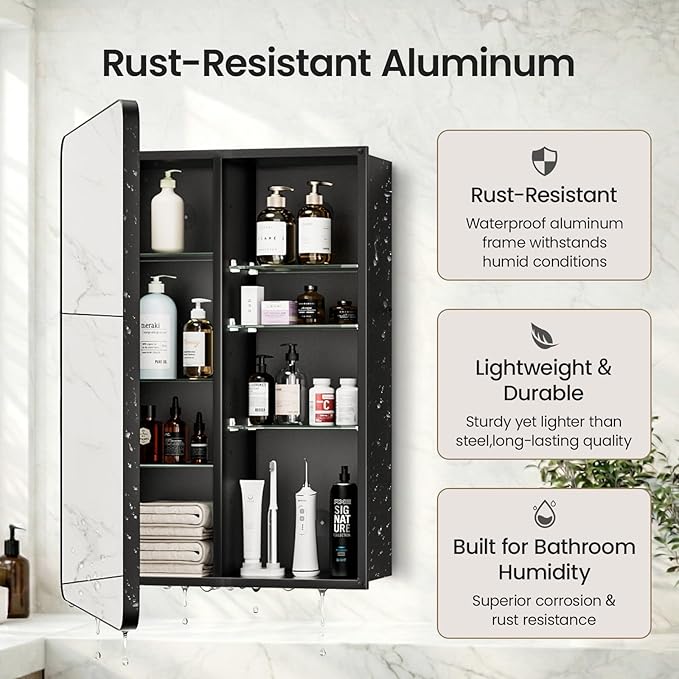 20x26 Inch Bathroom Medicine Cabinet with Mirror, Pre-Assembled Recessed or Surface Mount Wall Organizer, 6 Adjustable & Removable Tempered Glass Shelves, Soft Close DTC, Matte Black