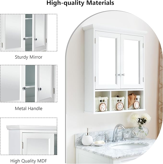 Medicine Cabinet, Bathroom Organiser, Wall Mounted Bathroom Cabinet with Mirror with 2 Adjustable Shelves and 3 Storage Baskets for Laundry Room, Kitchen