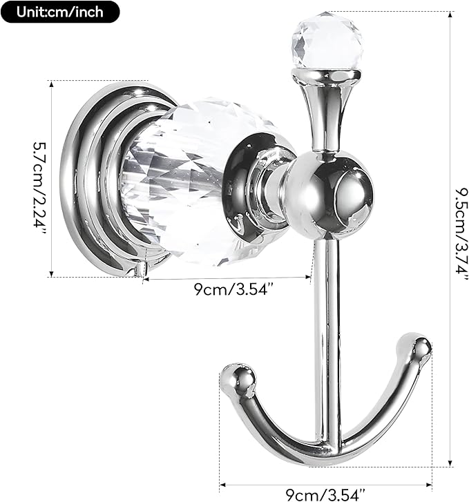 WINCASE Crystal Towel Hook Chrome, Bath Robe Hook, Silver Bathroom Wall Hooks Double for Coats Wall Mounted Modern Style