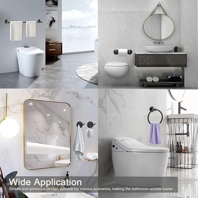 Newfun 8-Pieces 24 Inch Matte Black Bathroom Hardware Set, Bathroom Accessory Set, Includes 24" Adjustable Bath Towel Bar, Towel Rings Wall Mounted, Toilet Paper Holder, Robe Towel Hooks