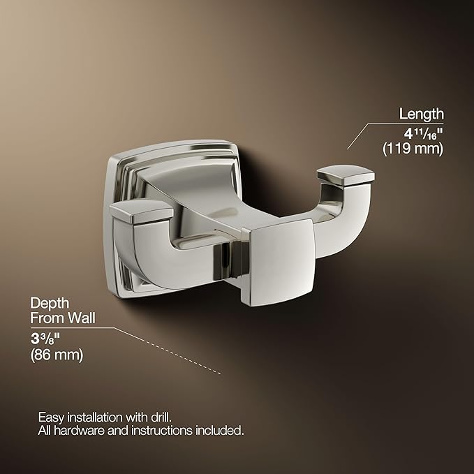 Kohler 27411-SN Riff® Double Robe Hook, Vibrant Polished Nickel