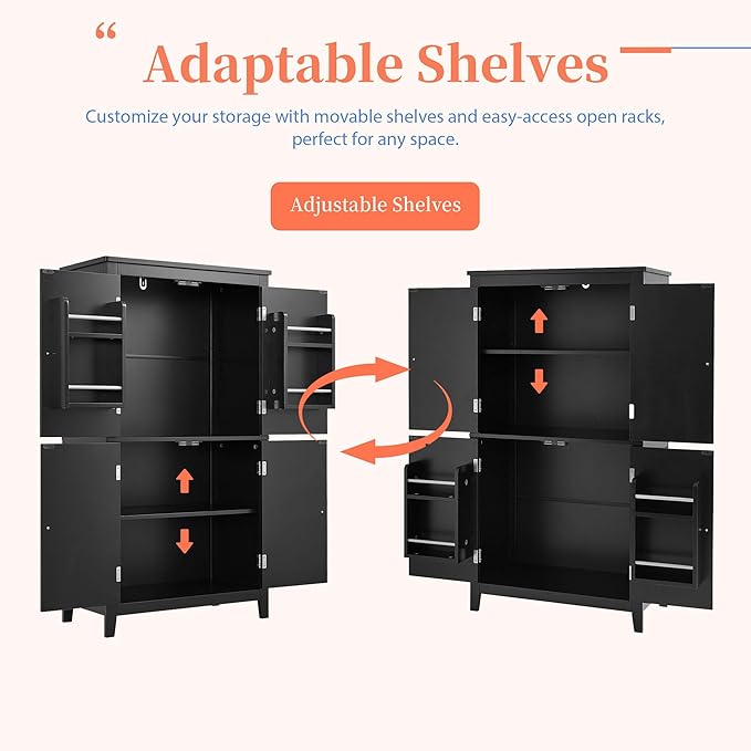 Black Bathroom Storage Cabinet Freestanding Design with 4 Doors Adjustable Shelves Waterproof MDF Board for Home Organization Bathroom Office Use