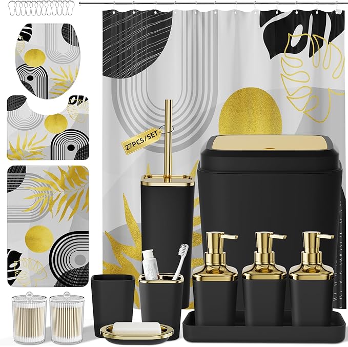 Bathroom Accessories Set - 27PC Bathroom Sets with Shower Curtain and Rugs, Black Bathroom Set, Black Bathroom Accessory Set with Trash Can, Toilet Brush & 3 PC Soap Dispensers