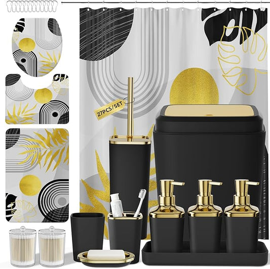 Bathroom Accessories Set - 27PC Bathroom Sets with Shower Curtain and Rugs, Black Bathroom Set, Black Bathroom Accessory Set with Trash Can, Toilet Brush & 3 PC Soap Dispensers