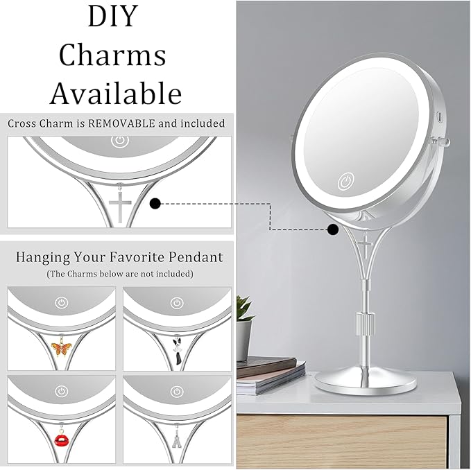 1x/10x Magnifying Mirror with 3 Color Lights and Cross Dangle Charm, 7" Lighted Makeup Mirror with Magnification, Height Adjustable Vanity Mirror, Birthday Christian Gifts for Women, Chrome