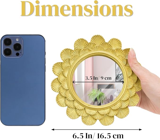 Eorbow 6.5" Vintage Vanity Makeup Desk Mirror, Small Gold Round Mirror for Table, Antique Scallop Edged Wall Mirror Decorative for Living Room Bedroom Dressing Tabletop