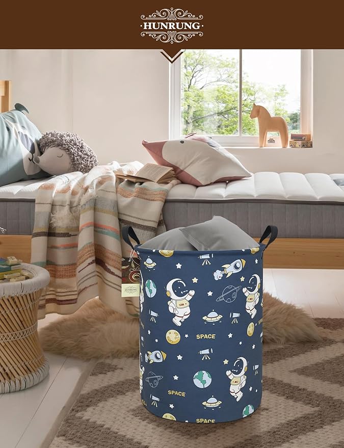 HUNRUNG Laundry Hamper,Large Canvas Fabric Lightweight Storage Basket Toy Organizer Dirty Clothes Collapsible Waterproof for College Dorms???Round-Blue Space Astronaut???