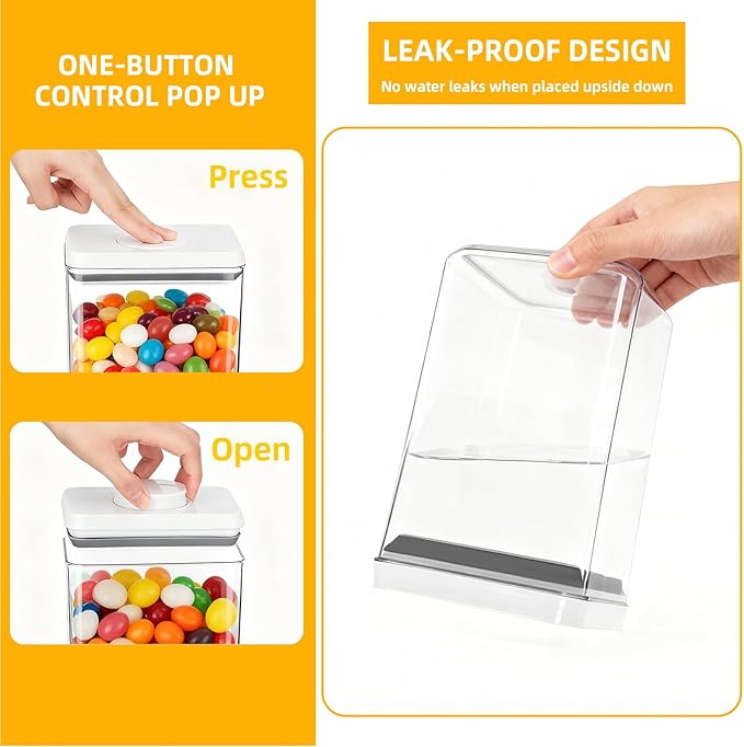 6 Pcs POP Container Set, Airtight Food Storage with Lids, Push Button Seal BPA-Free Set for Pantry, 0.65QT/0.7QT/1.8QT/2.4QT for Bulk Dry Food, Cereal, Flour, Sugar, RV Kitchen Storage