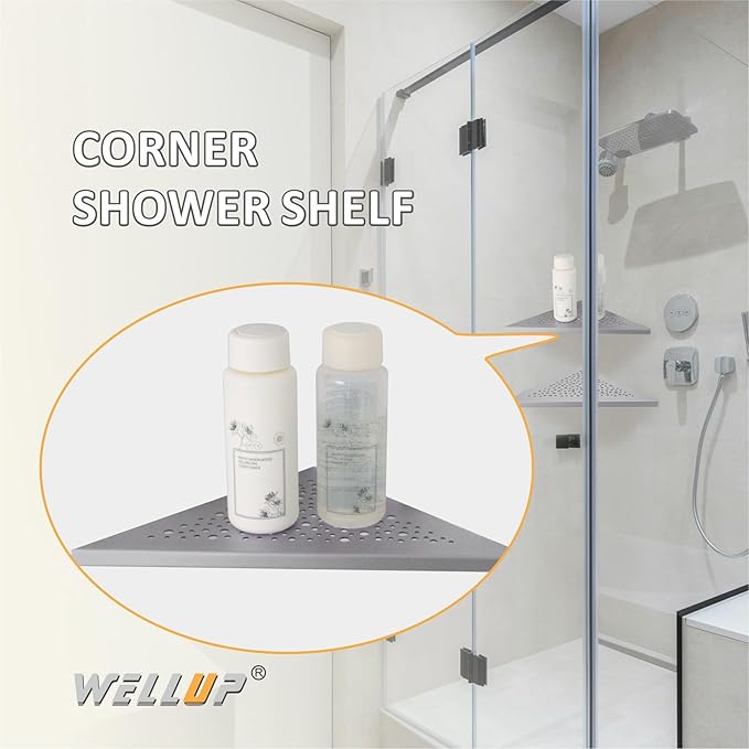 WELLUP Brushed Nickel 10’’ Corner Shower Shelf Bathroom Shower Shelves, 2 Pack Triangular 304 Stainless Steel Shower Corner Shelf for Tiled Walls, No Drilling