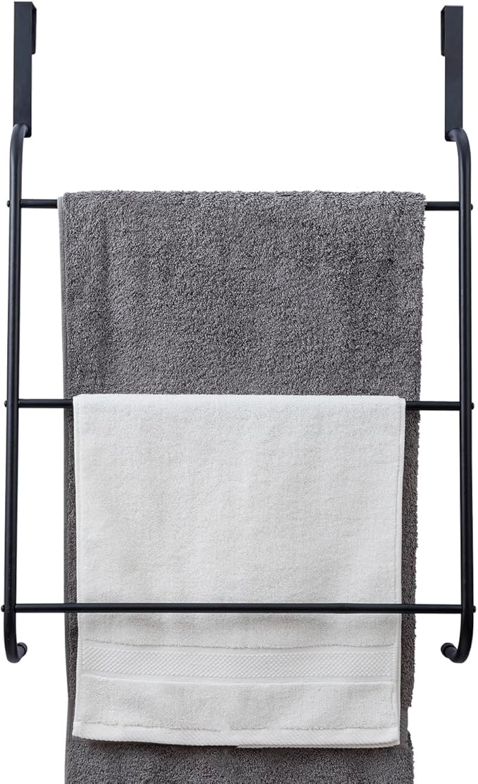 MyGift Over the Door Towel Rack, 3 Tier Modern Triple Towel Holder, Space Saving Bathroom/Laundry Room Clothes Drying Rack, Over Cabinet Towel Bar Hanger, Matte Black Metal