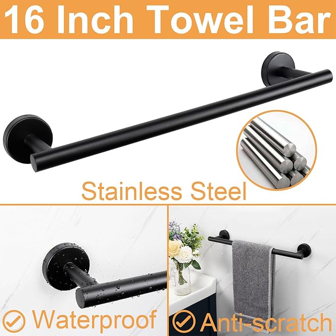 TocTen Bathroom Hardware Set, Thick Stainless Steel Bath Towel Bar Set Including Towel Rack for Bathroom+Toilet Paper Holder+3 Robe Towel Hooks Wall Mount Bathroom Accessory Set(16IN,Matte Black)