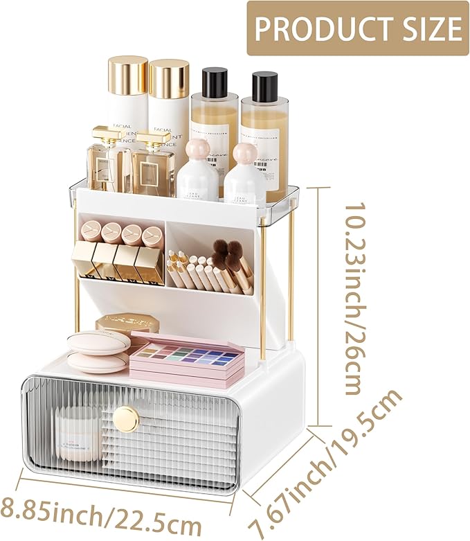 Makeup Organizer with Drawer for Vanity, 2 Tier 5 Zones Cosmetic Display Case Detachable, Cosmetic Storage Perfume Shelf for Bathroom Counter, Perfect Storage Solution for Your Beauty Essential(Clear)