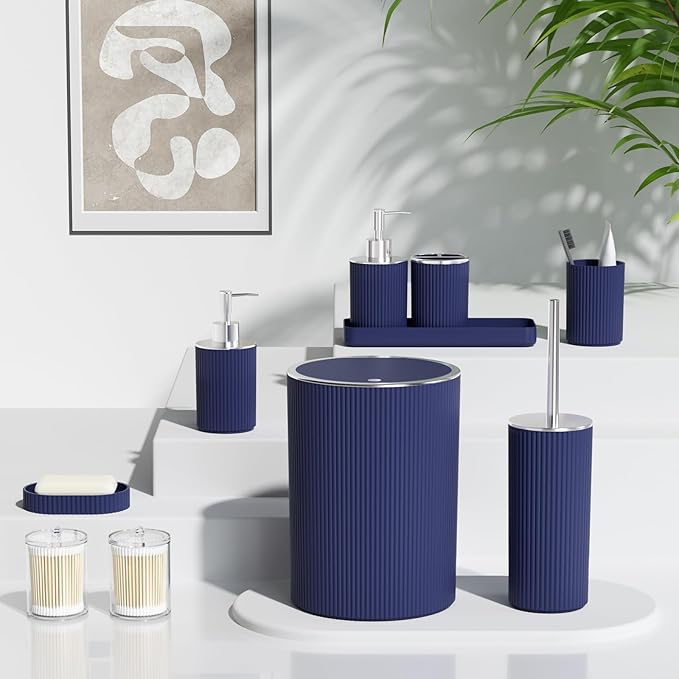 Navy Blue Bathroom Accessories Set, 10PC Bathroom Set, Bath Accessory with Pop Up Trash Can, Soap Dispenser, Toilet Brush, Toothbrush Set Qtip Holders & Tray