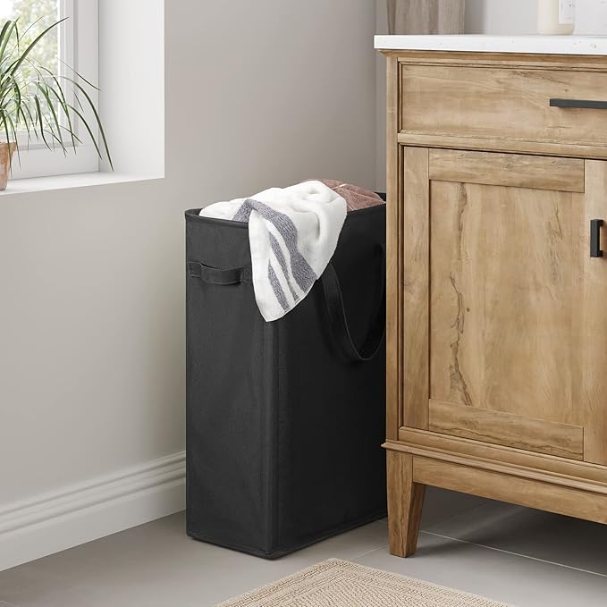 Chrislley 45L Slim Laundry Hamper Narrow Laundry Basket with Handle Foldable Dirty Clothes Portable Skinny Hamper Organizer Storage Bins (22 inches, black)