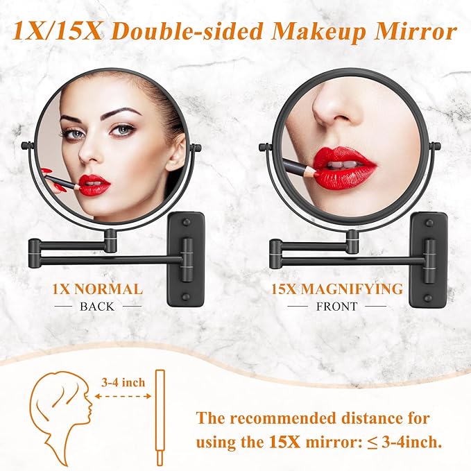 DECLUTTR 1X/15X Wall Mounted Makeup Mirror, 8" Double Sided Vanity Magnifying Mirror, 360° Swivel Extendable Bathroom Make Up Mirror, Black